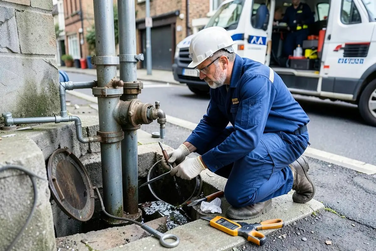 Technik naprawiający armaturę w studni wodociągowej